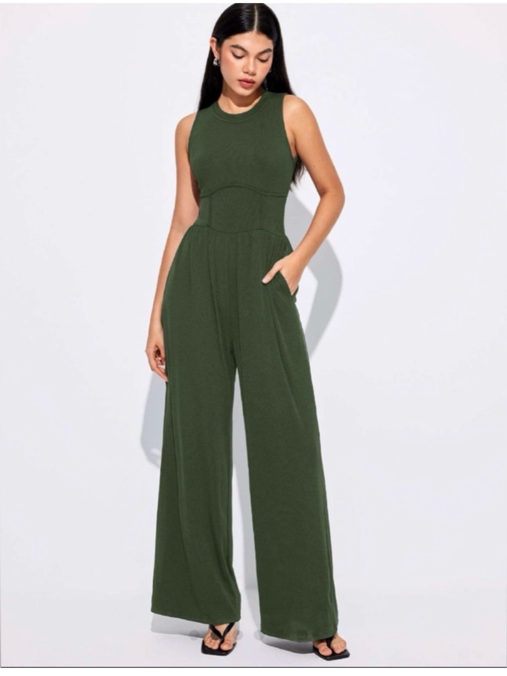Cider Olive Green Sleeveless Ribbed Wide-Leg Jumpsuit